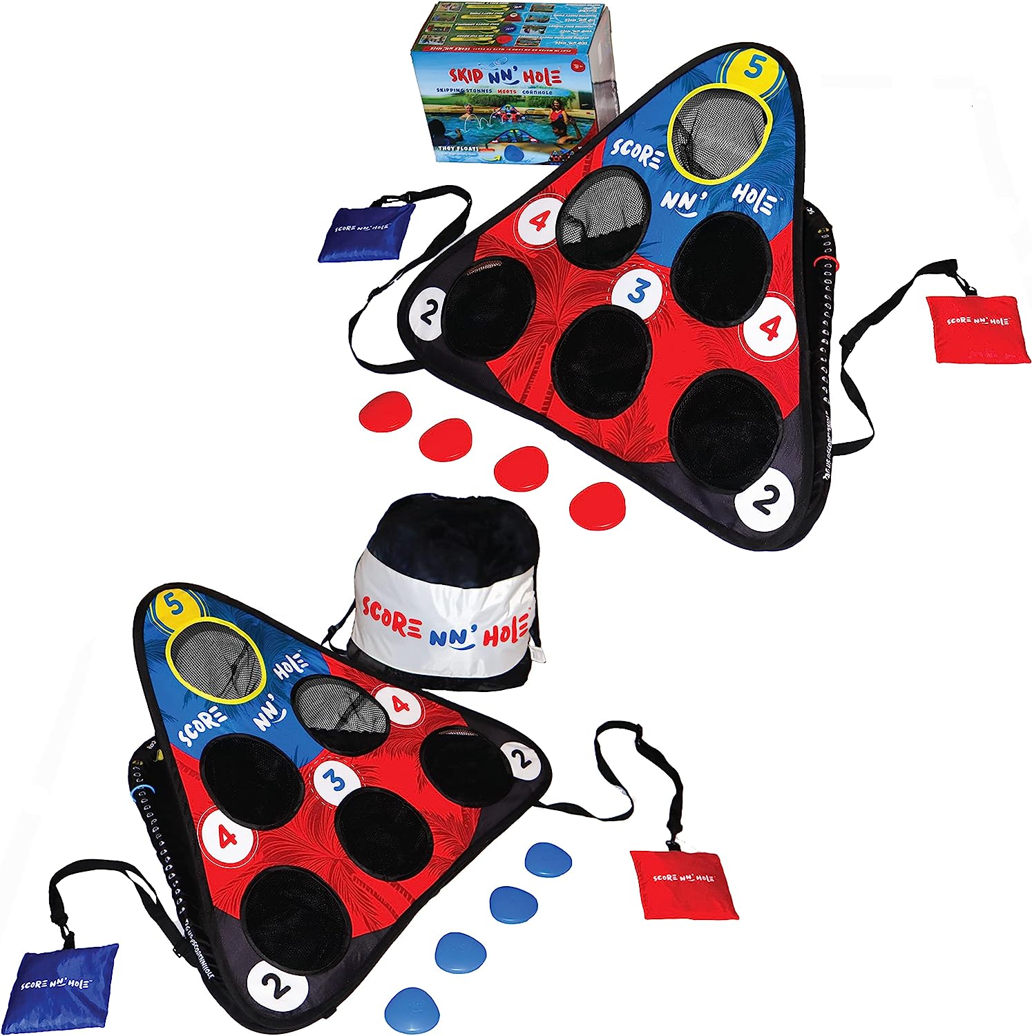 Juego de "cornhole" para piscina con objetivos flotantes