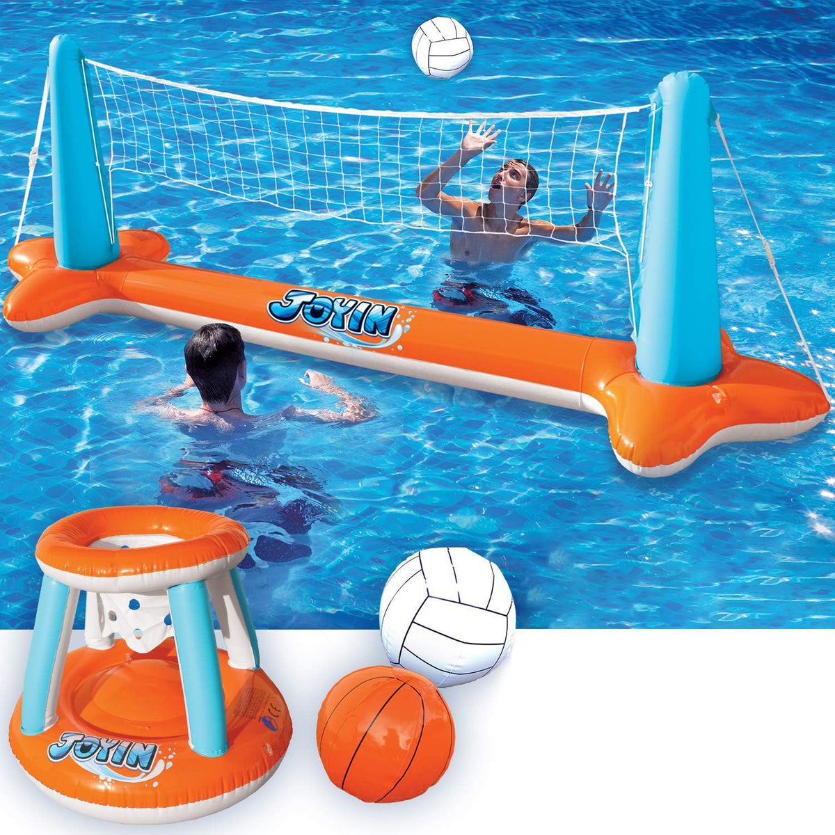 Juego de flotadores inflables para piscina, red de voleibol y aros de baloncesto | Color Naranjo