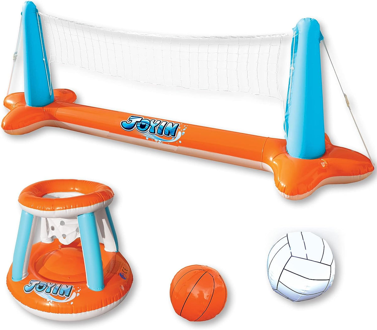 Juego de flotadores inflables para piscina, red de voleibol y aros de baloncesto | Color Naranjo
