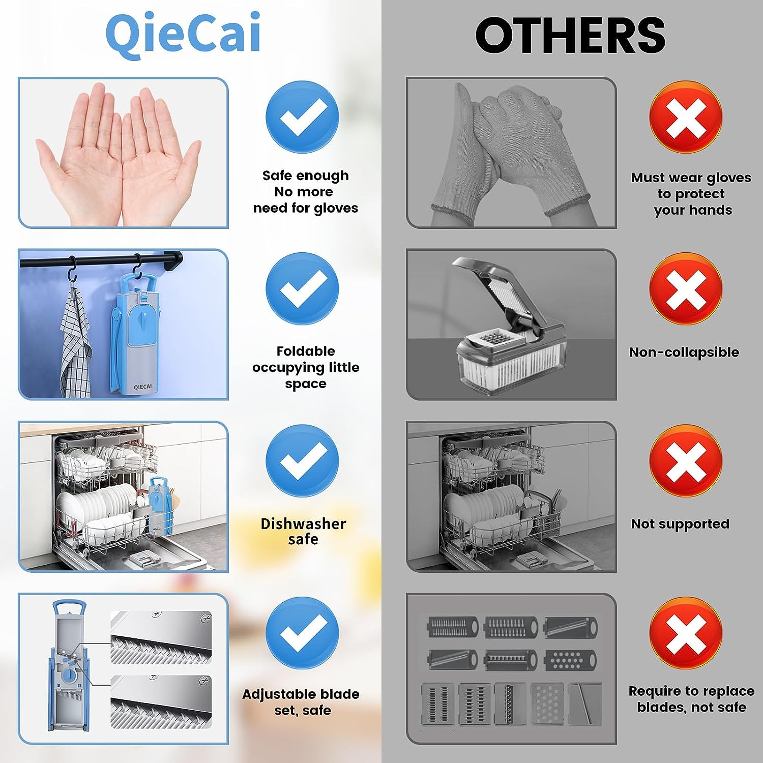 QieCai - Cortador de mandolina seguro para cocina, cortador de verduras multifuncional