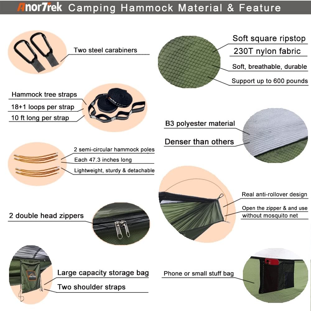 AnorTrek Hamaca de camping profesional con mosquitera