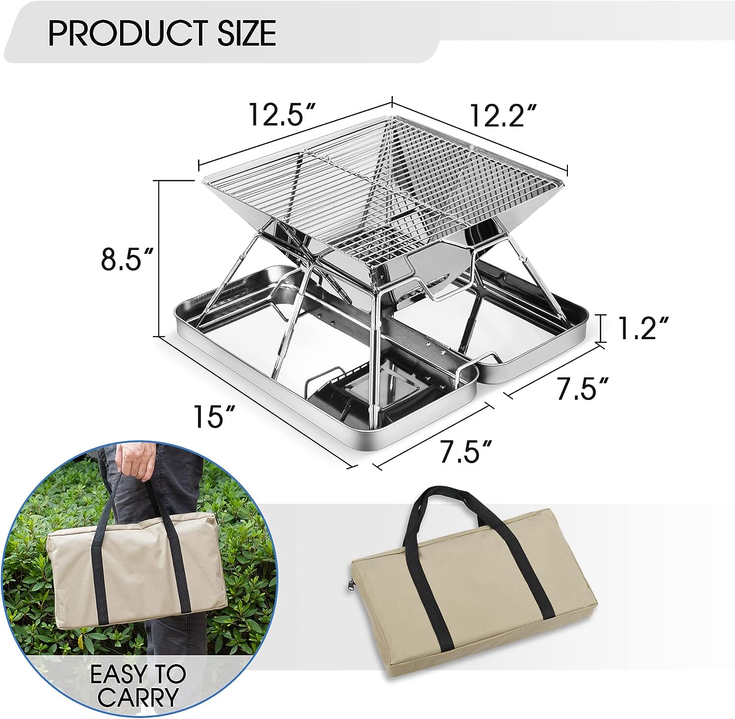 Parrilla de carbón portátil, plegable de acero inoxidable para acampar