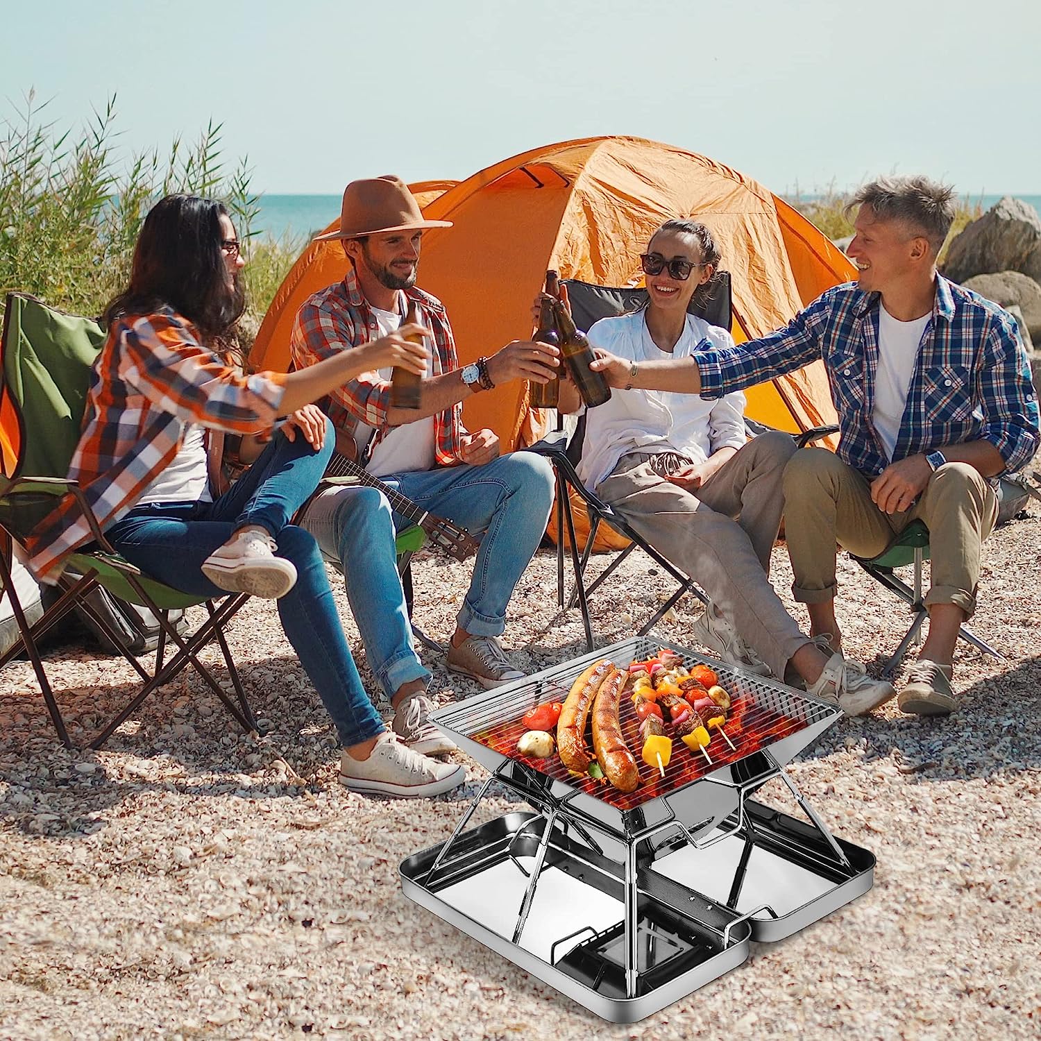 Parrilla de carbón portátil, plegable de acero inoxidable para acampar