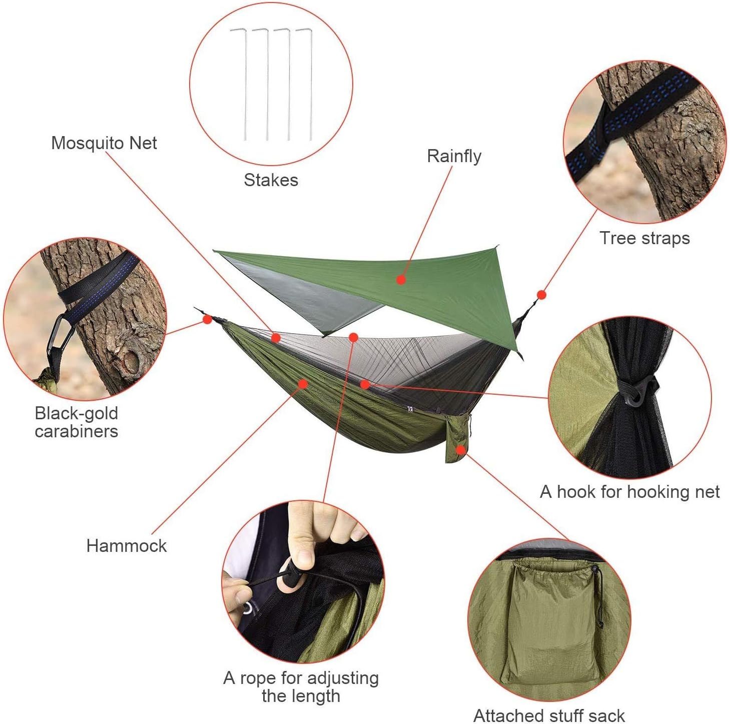 Hamaca de campamento con lona para moscas de lluvia y mosquitera
