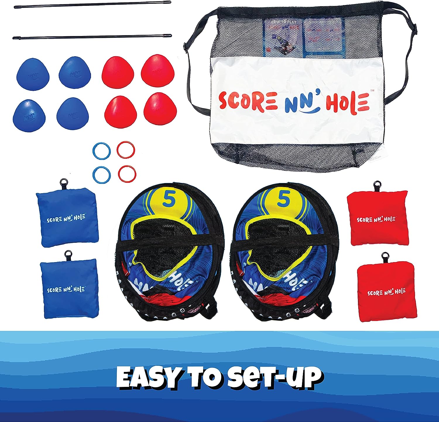 Juego de "cornhole" para piscina con objetivos flotantes