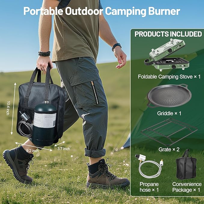 Estufa de campamento de 2 quemadores con plancha