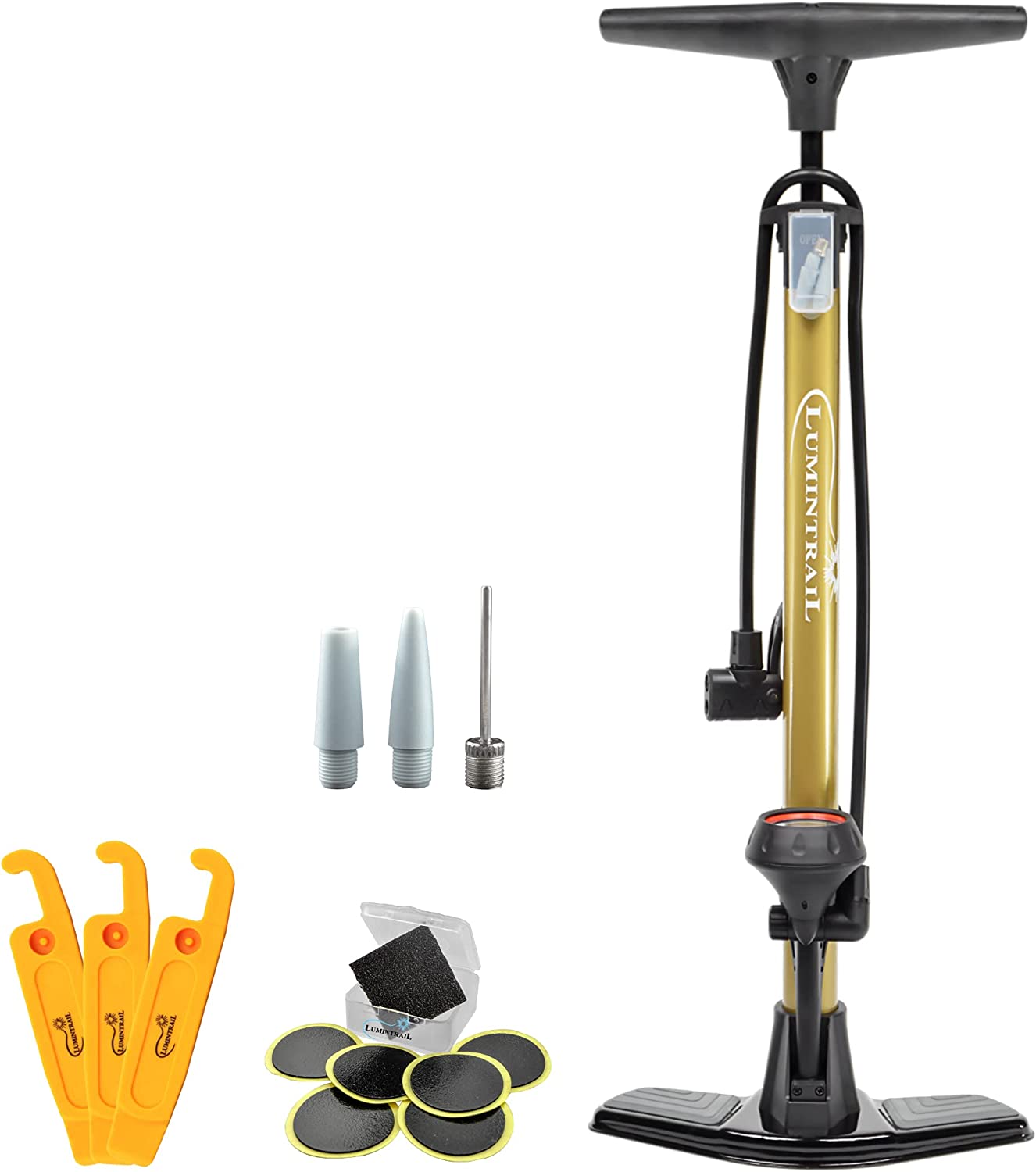 Bombín de piso para bicicleta | Incluye kit de pinchazos sin pegamento