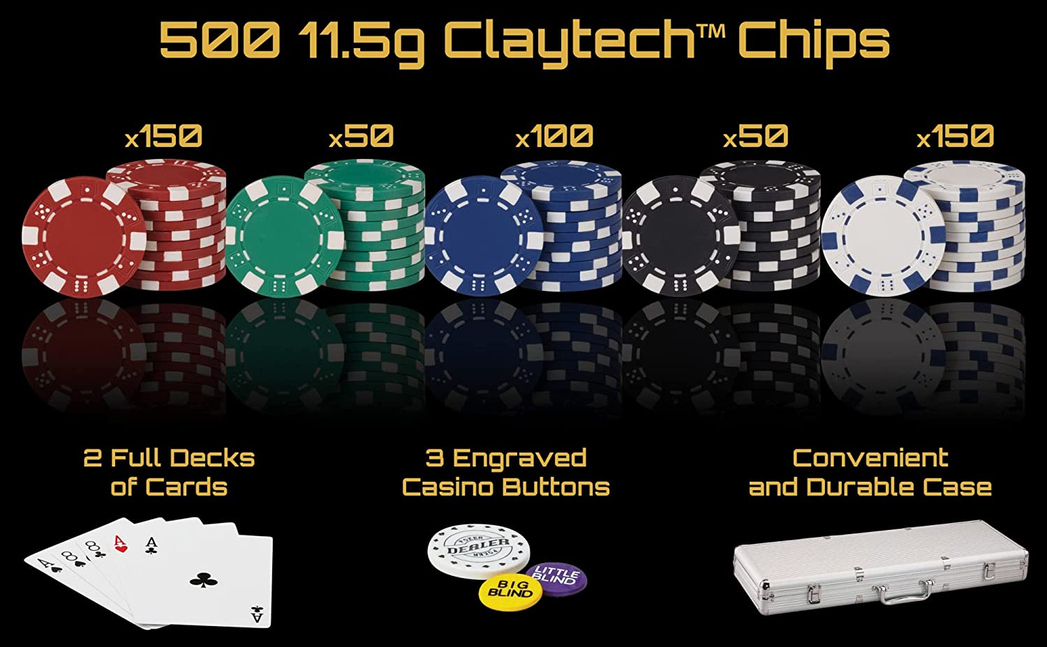 Juego de 500 fichas de color 11.5 gramos para poker con estuche de aluminio