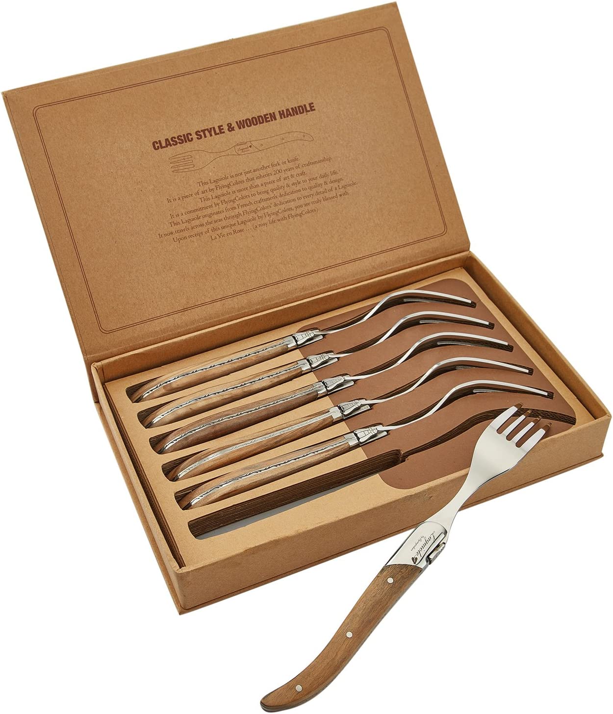 Juego de 6 tenedores acero inoxidable mango de madera | Laguiole by FlyingColors
