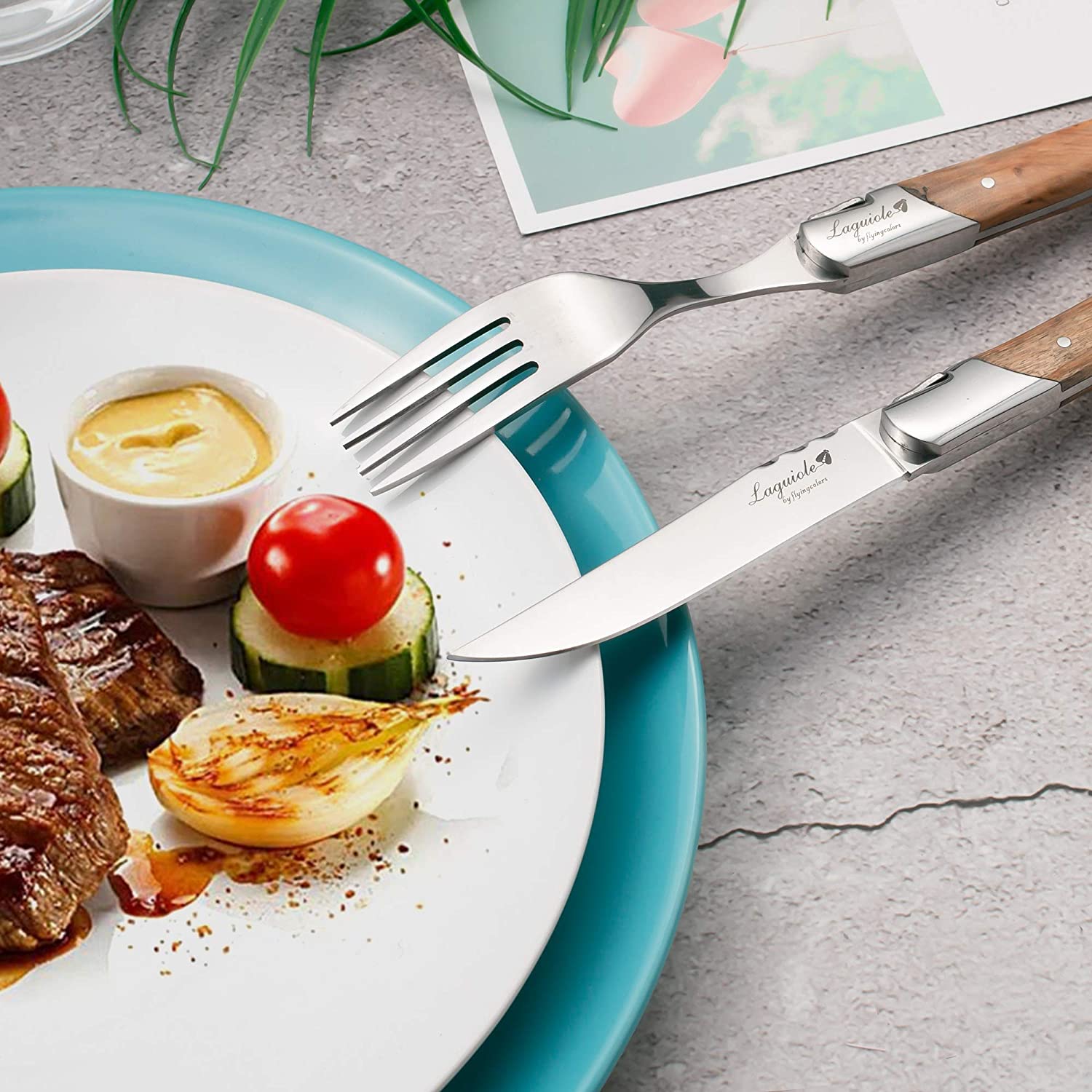 Juego de 6 tenedores acero inoxidable mango de madera | Laguiole by FlyingColors