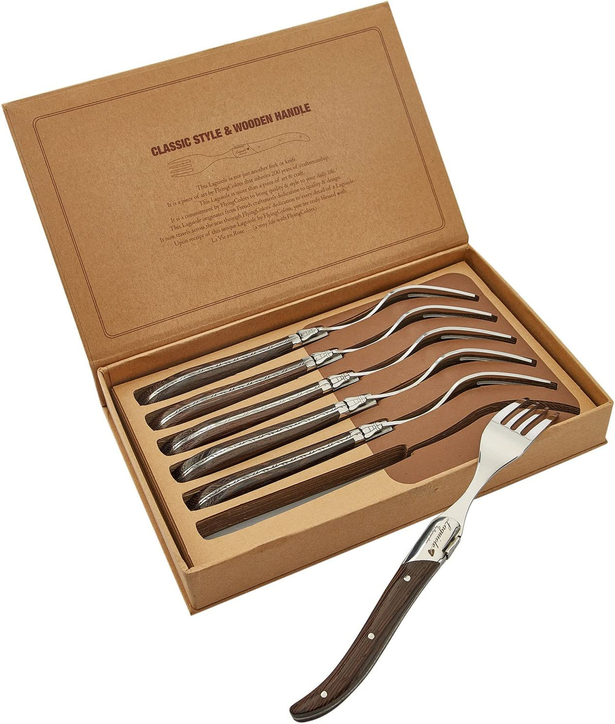 Juego de 6 tenedores acero inoxidable mango de madera | Laguiole by FlyingColors