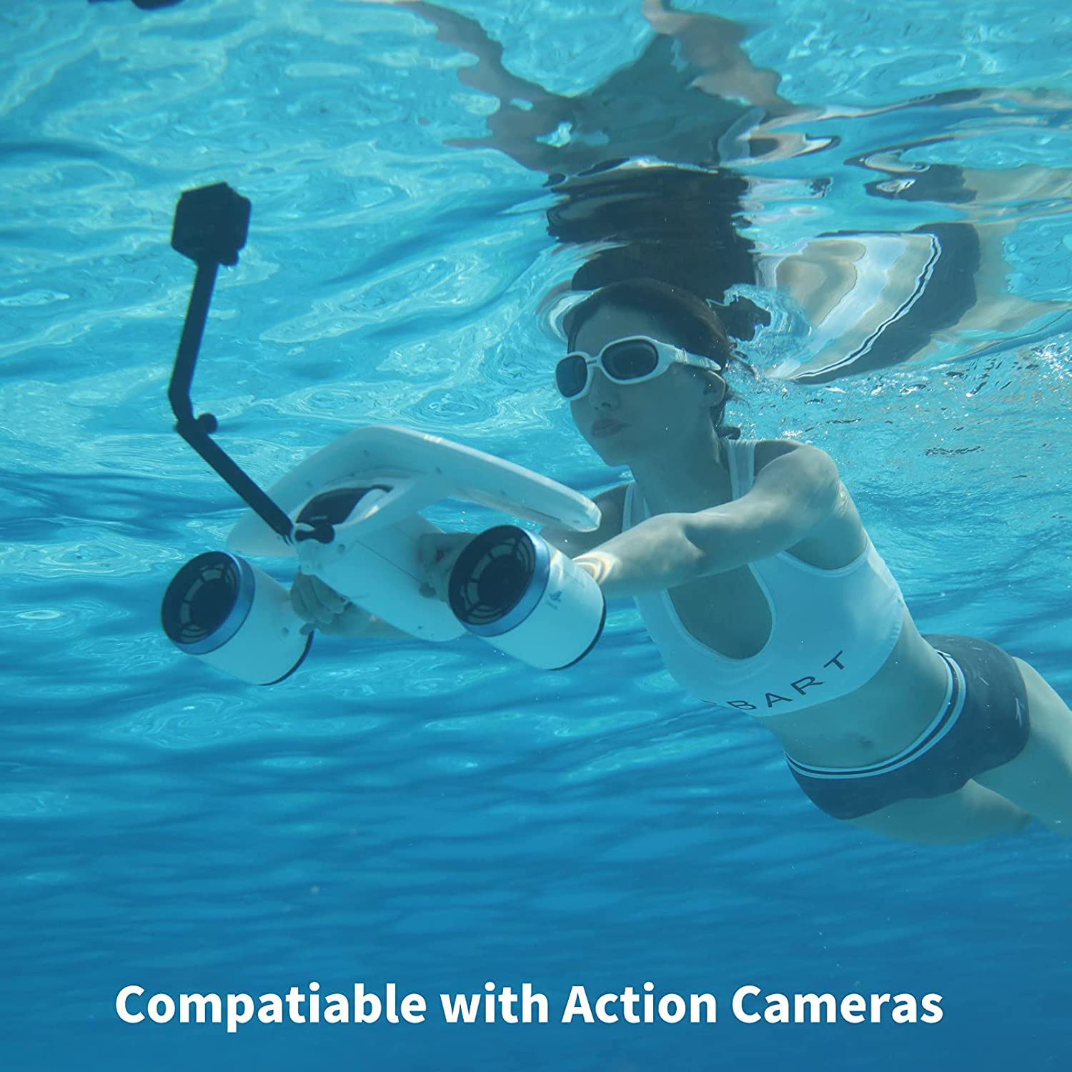 Patinete sub acuático doble hélices con soporte para cámara para buceo