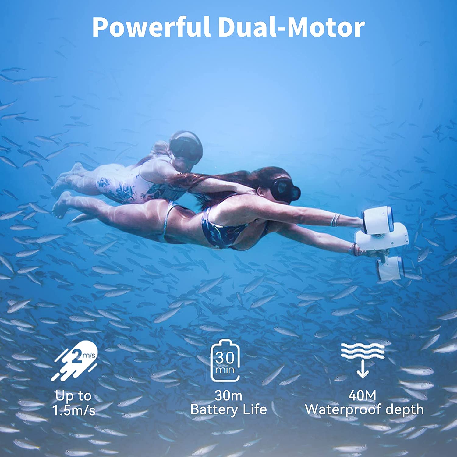 Patinete sub acuático doble hélices con soporte para cámara para buceo
