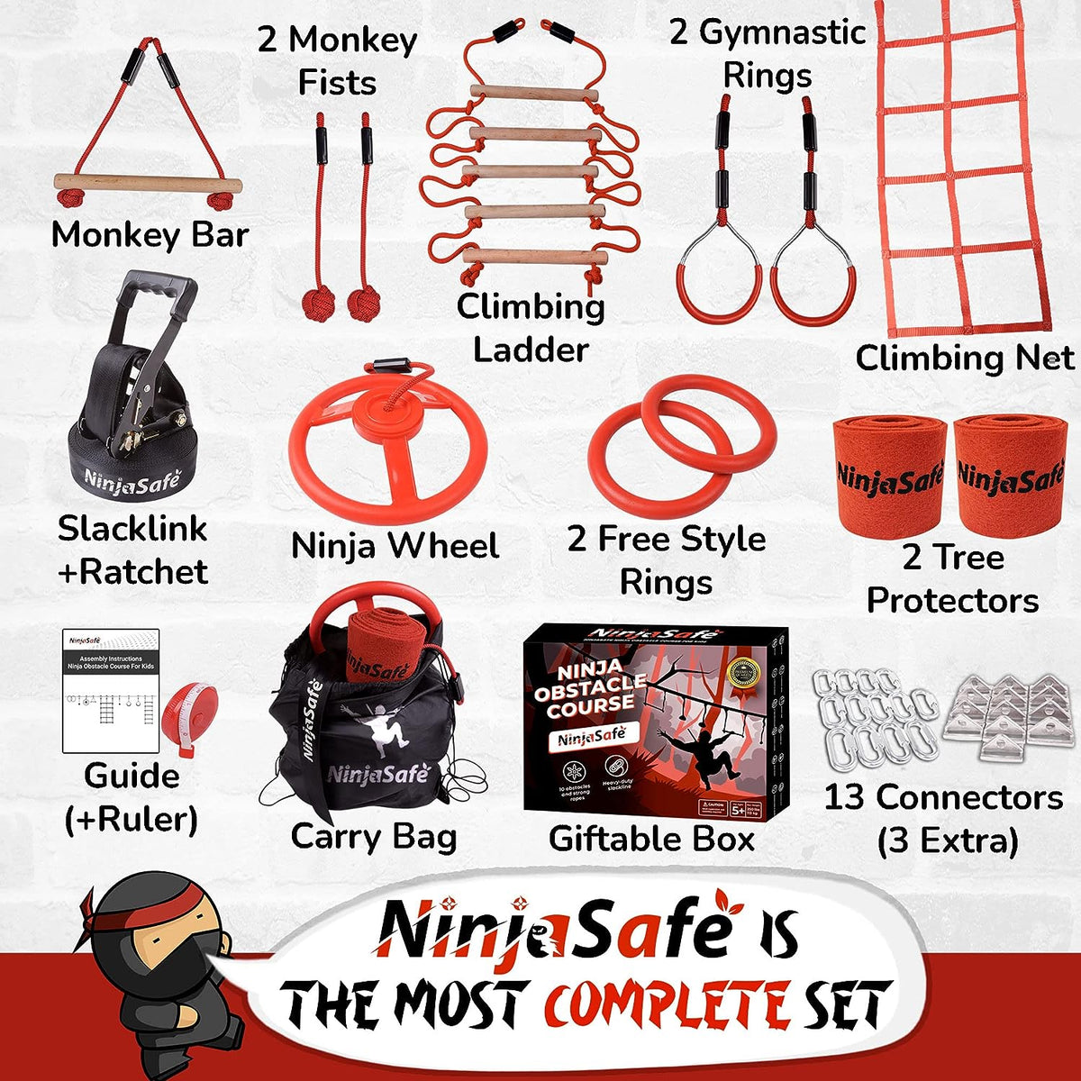 Kit de obstáculos (10 Obstáculos) + Kit polea Ninja + Kit de escalada árboles para niños y niñas
