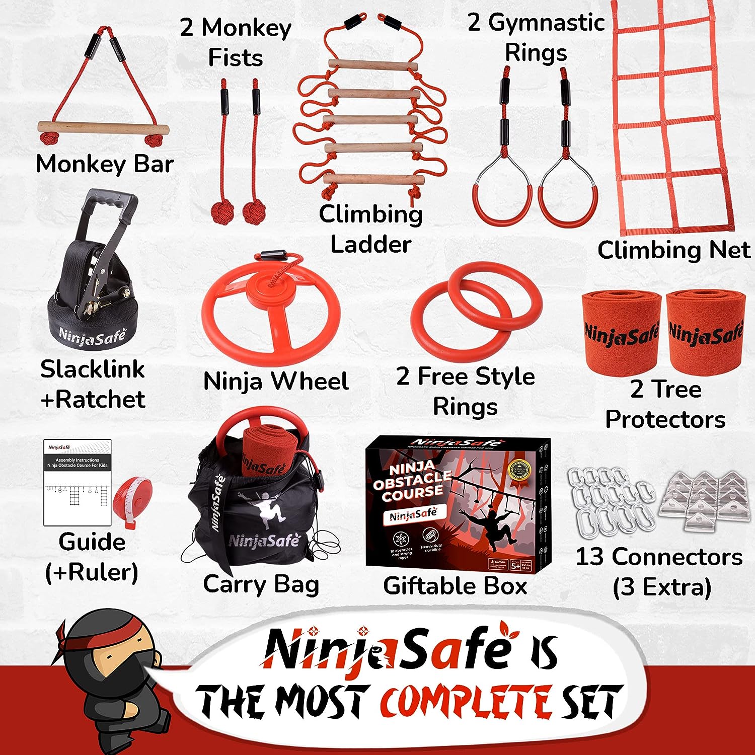 Kit de obstáculos (10 Obstáculos) + Kit polea Ninja + Kit de escalada árboles