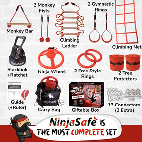 Kit de obstáculos (10 Obstáculos) + Kit polea Ninja + Kit de escalada árboles