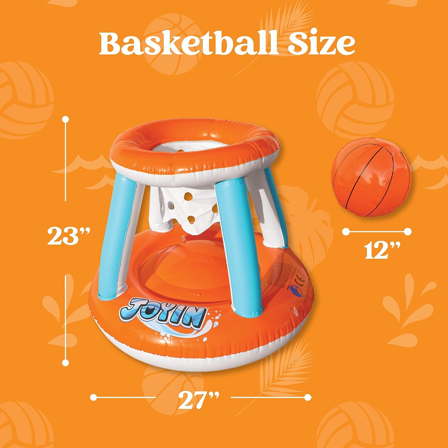 Juego de flotadores inflables para piscina, red de voleibol y aros de baloncesto naranjo