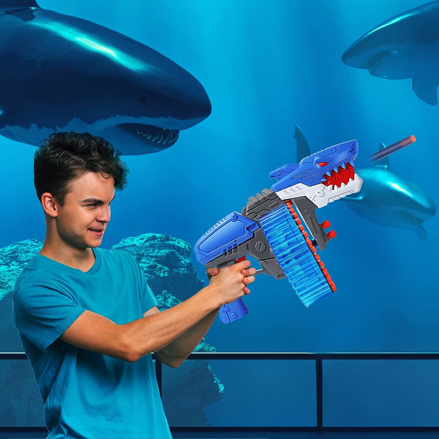 Pistola de juguete con 120 balas de espuma, tambor giratorio de 40 dardos (Tiburón)