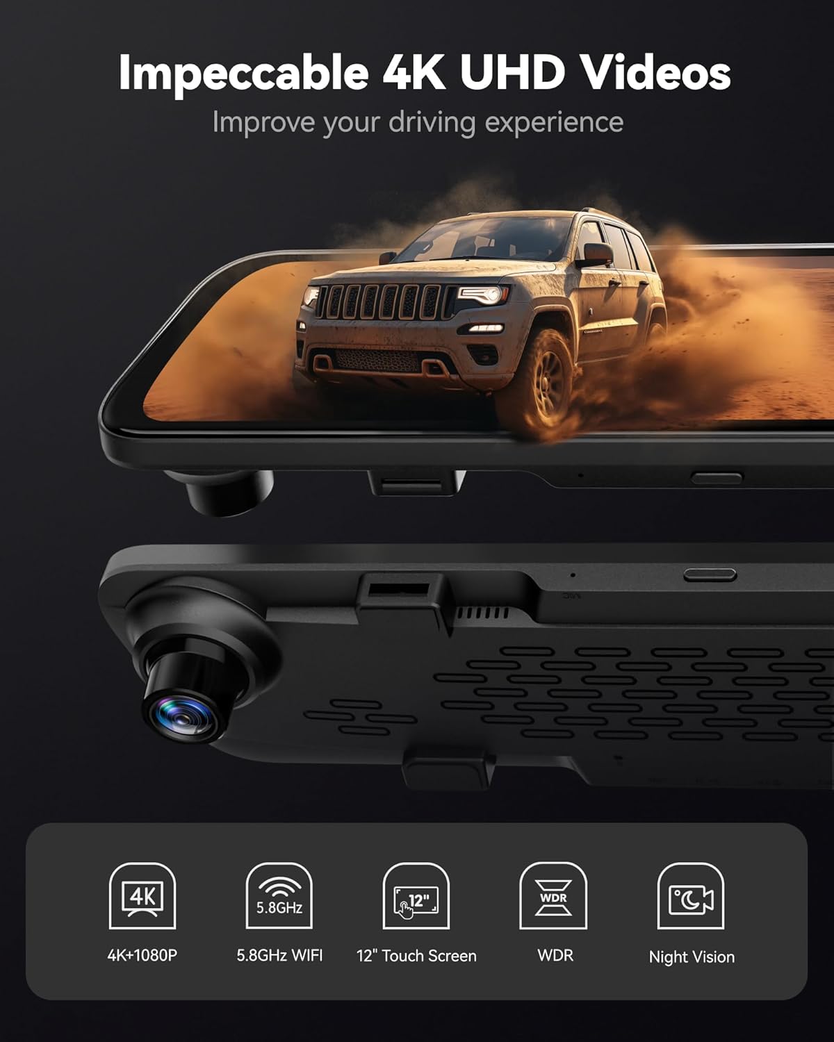 Cámara de respaldo de 12 pulgadas con espejo retrovisor inteligente