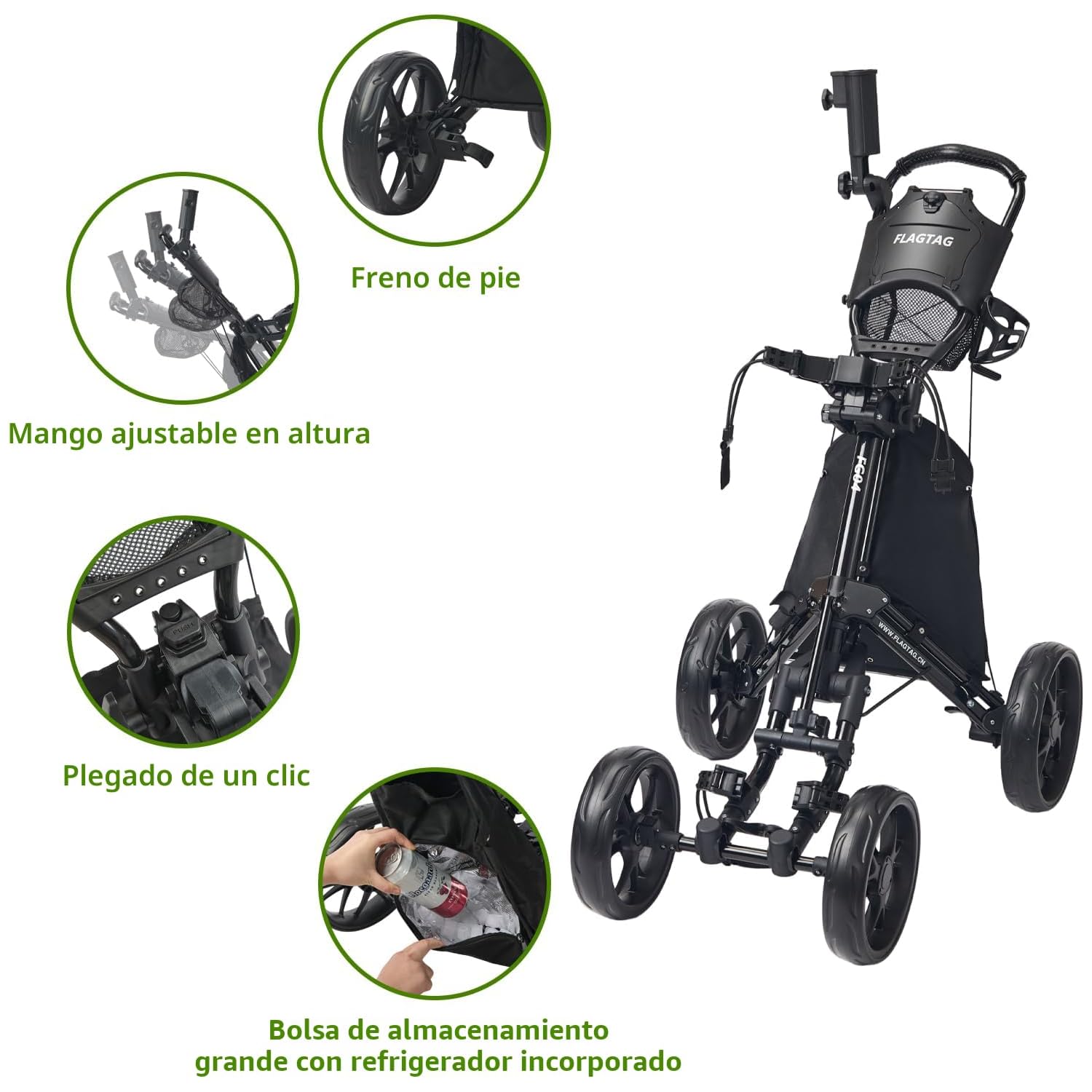 Carrito de golf de empuje de 4 ruedas plegable