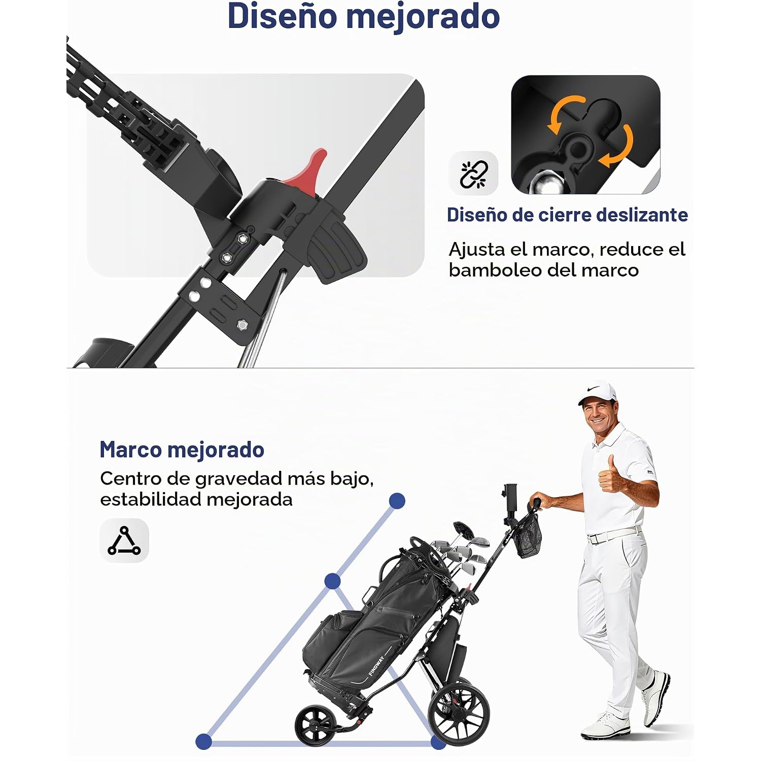 Carrito de golf de 3 ruedas, ligero y compacto