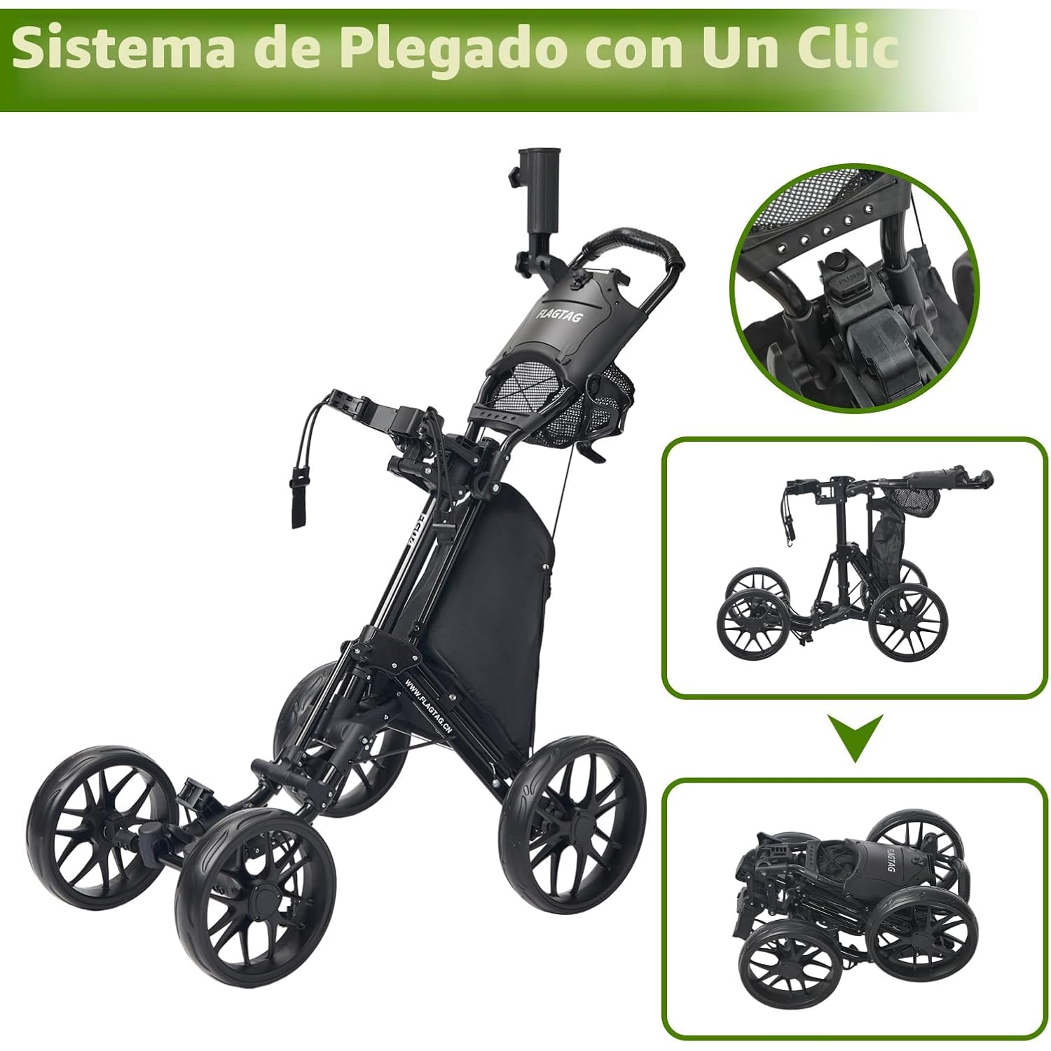 Carrito de golf de empuje de 4 ruedas plegable