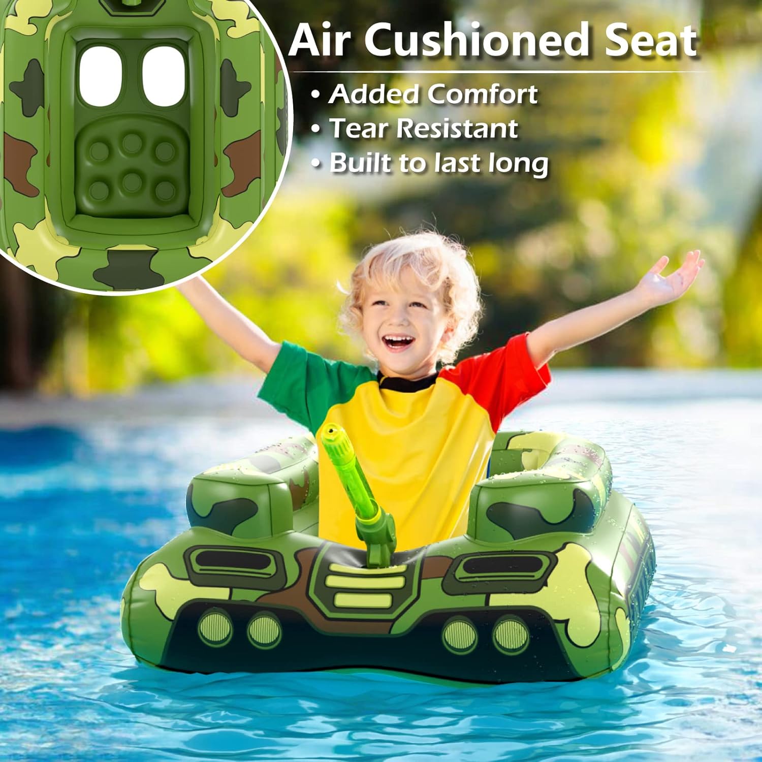 Flotador inflable de piscina con tanque y cañón de agua