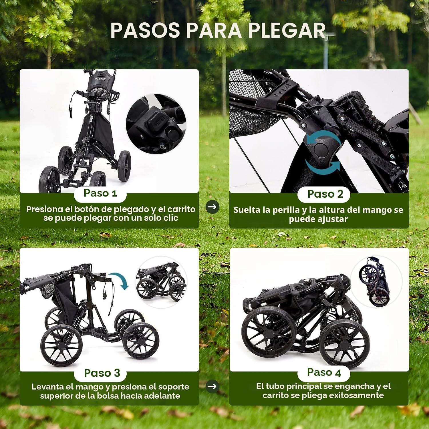 Carrito de golf de empuje de 4 ruedas plegable