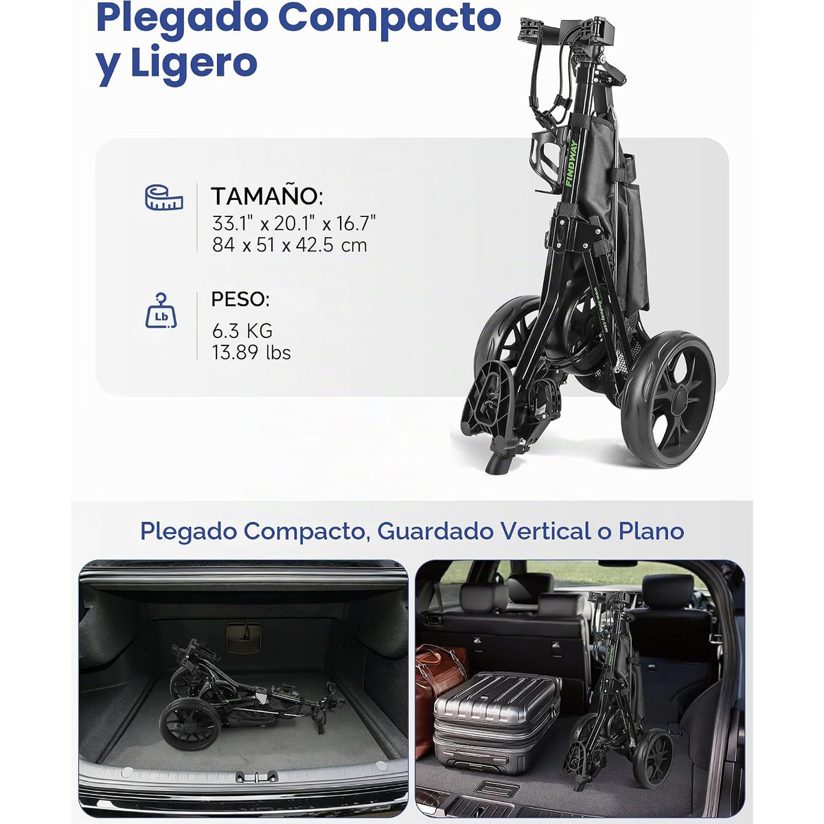 Carrito de golf de 3 ruedas, ligero y compacto