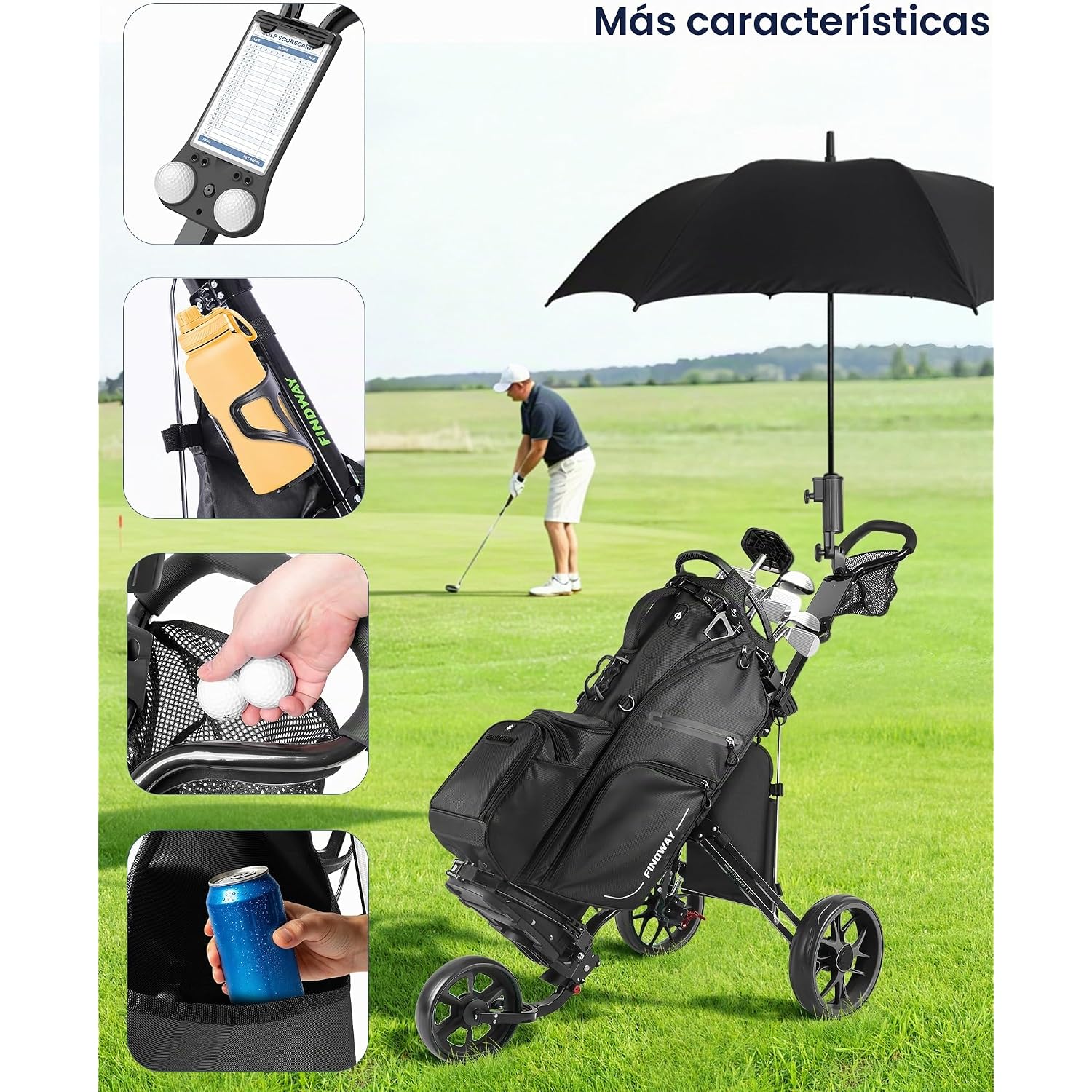 Carrito de golf de 3 ruedas, ligero y compacto