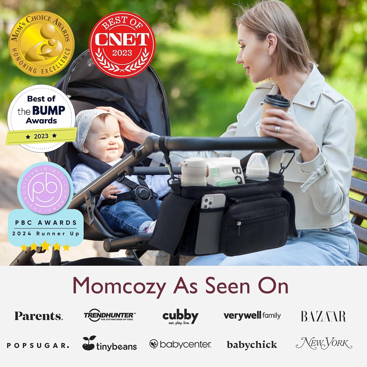Momcozy - Organizador universal para cochecito con portavasos aislado, bolsa desmontable para teléfono y correa para el hombro, se adapta a cochecitos como Uppababy, Baby Jogger, Britax, BOB, Umbrella