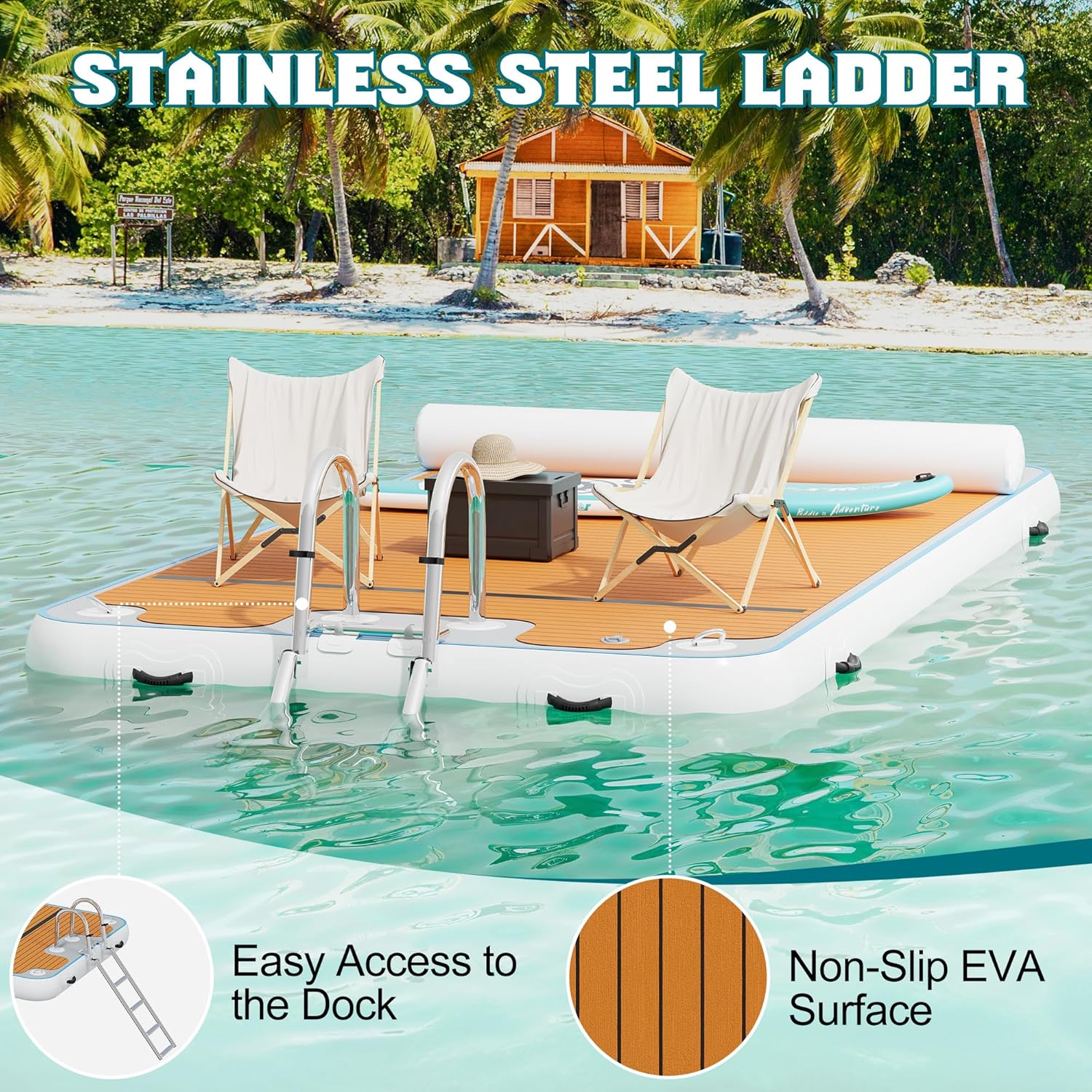 Muelle flotante inflable plataforma antideslizante 370 x 190 cm