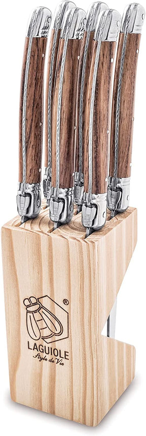 Juego de 6 cuchillos para carne color madera en bloque | Premium Line