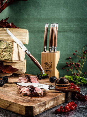 Juego de 6 cuchillos para carne color madera en bloque | Premium Line