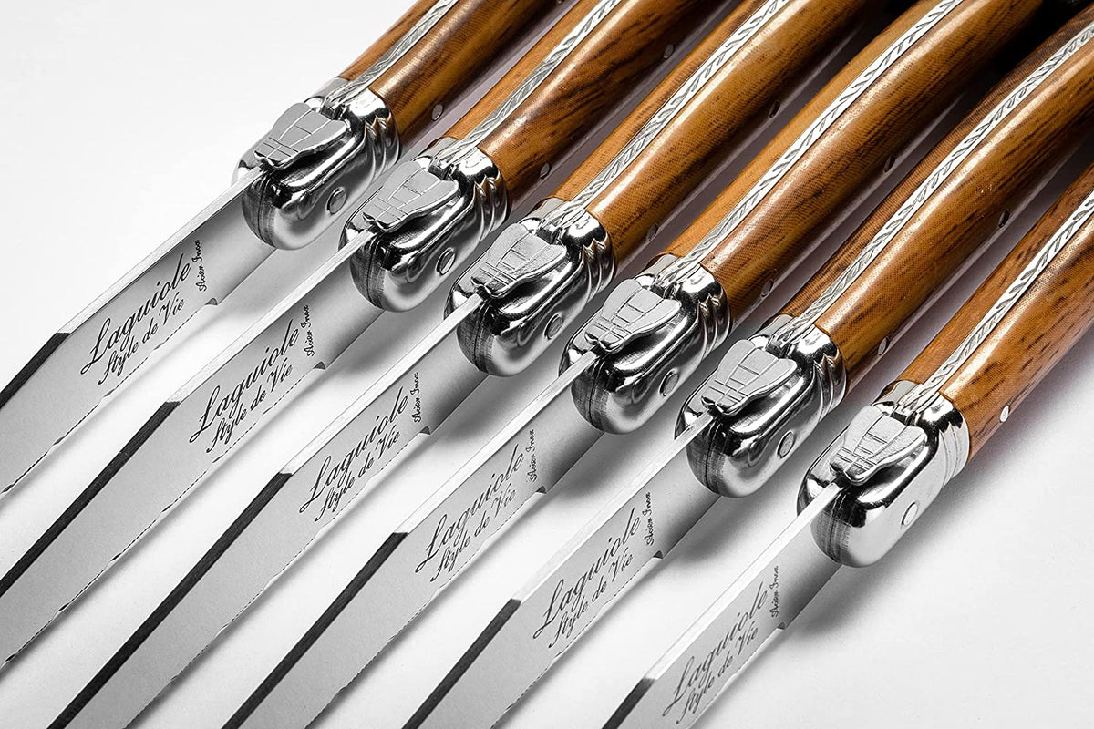 Juego de 6 cuchillos para carne color madera en bloque | Premium Line