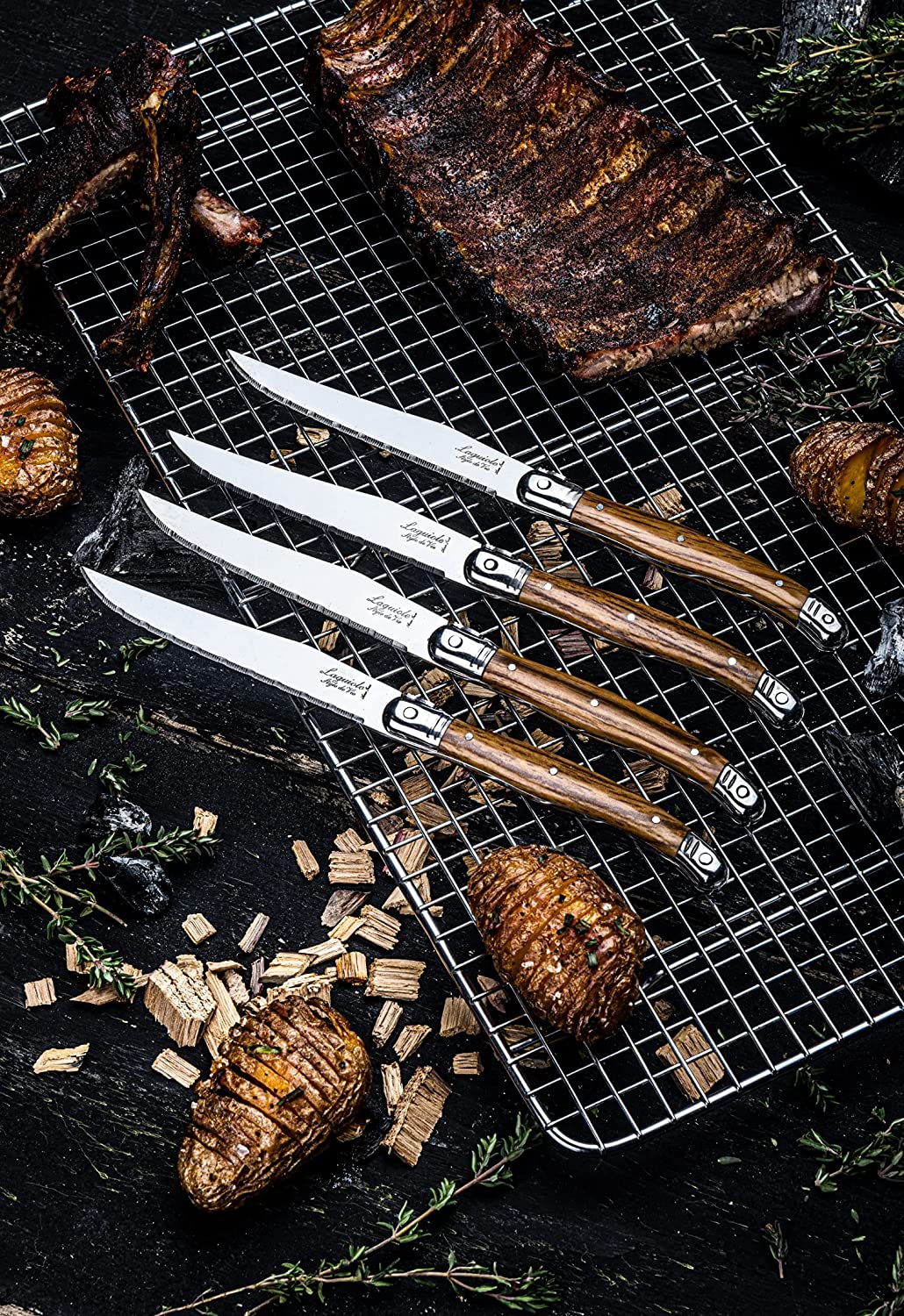 Juego de 6 cuchillos para carne color madera en bloque | Premium Line