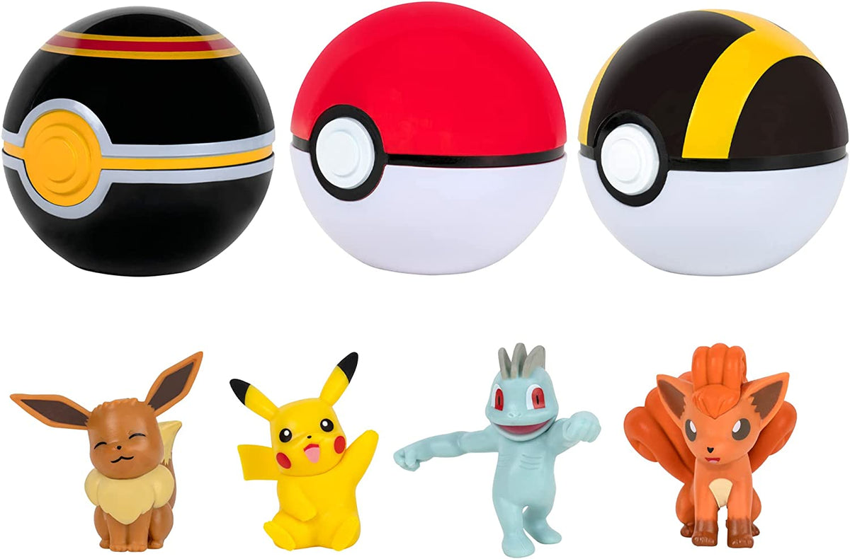 Figuras Pikachu, Vulpix y Bola de lujo, Eevee y Poké Ball, Machop y Ultra Ball