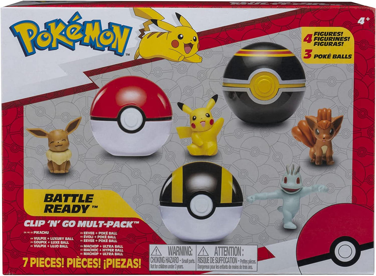 Figuras Pikachu, Vulpix y Bola de lujo, Eevee y Poké Ball, Machop y Ultra Ball