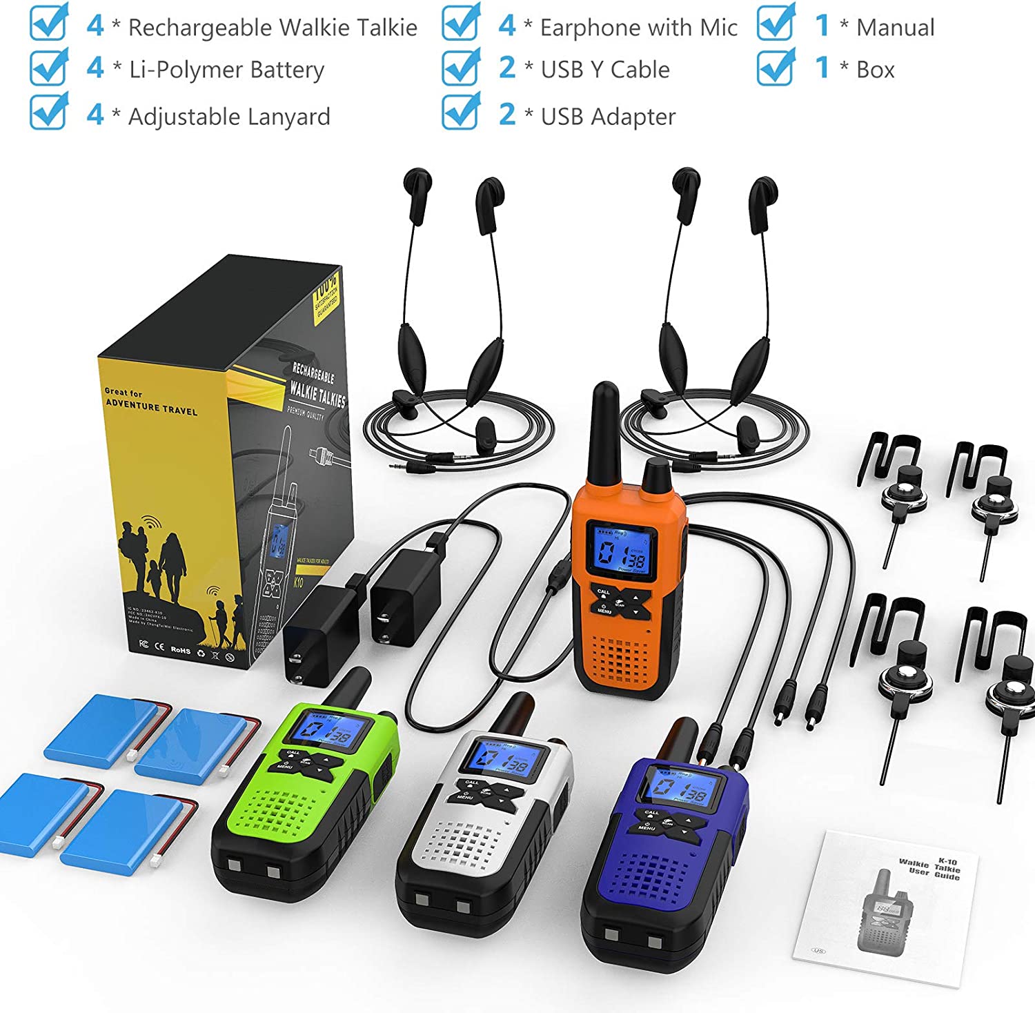 4 walkie talkies para adultos de largo alcance, WokTok recargable,  portátil, radios de 2 vías, accesorios de senderismo, equipo de campamento