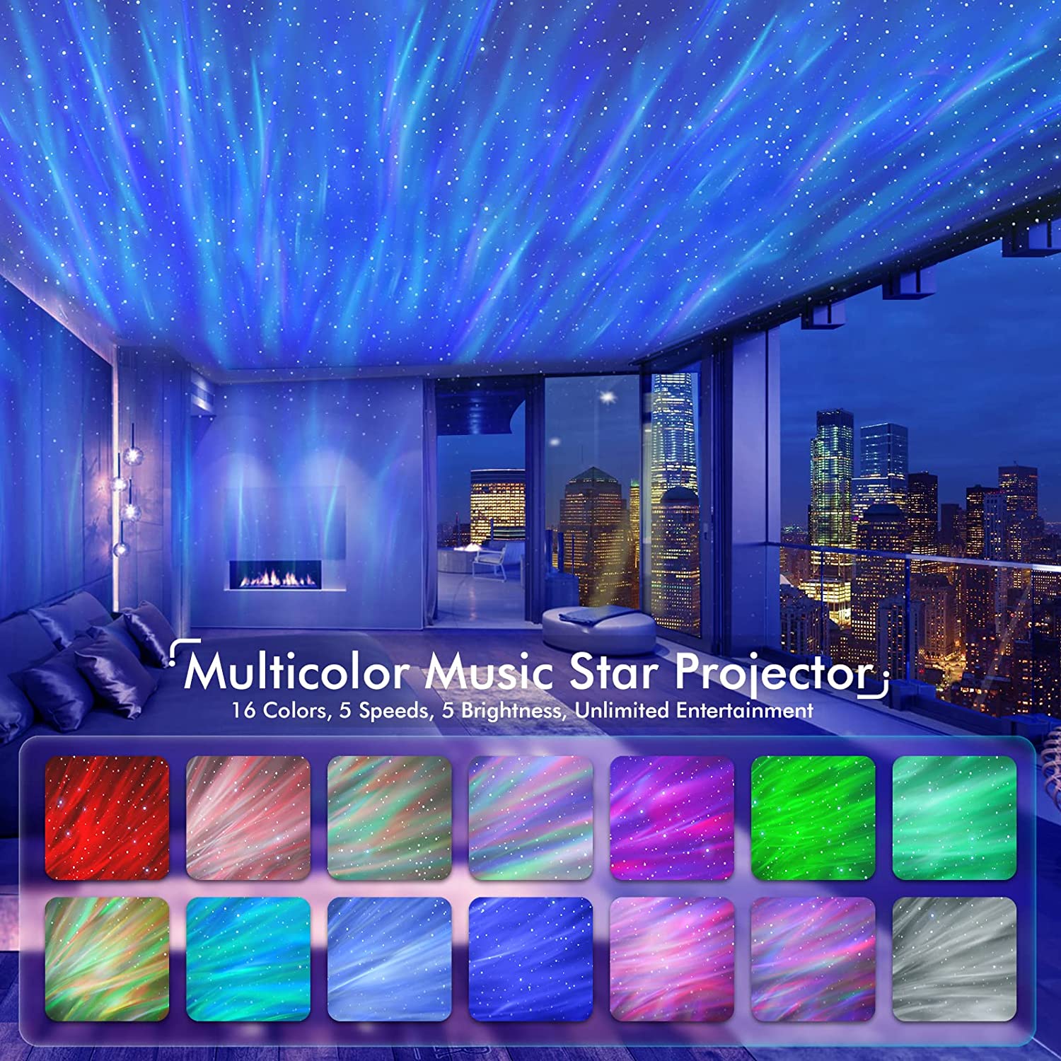 Proyector de luz nocturna de estrellas, proyector de galaxia LED 3 en 1 con  control remoto, altavoz Bluetooth, temporizador, activado por sonido, 10