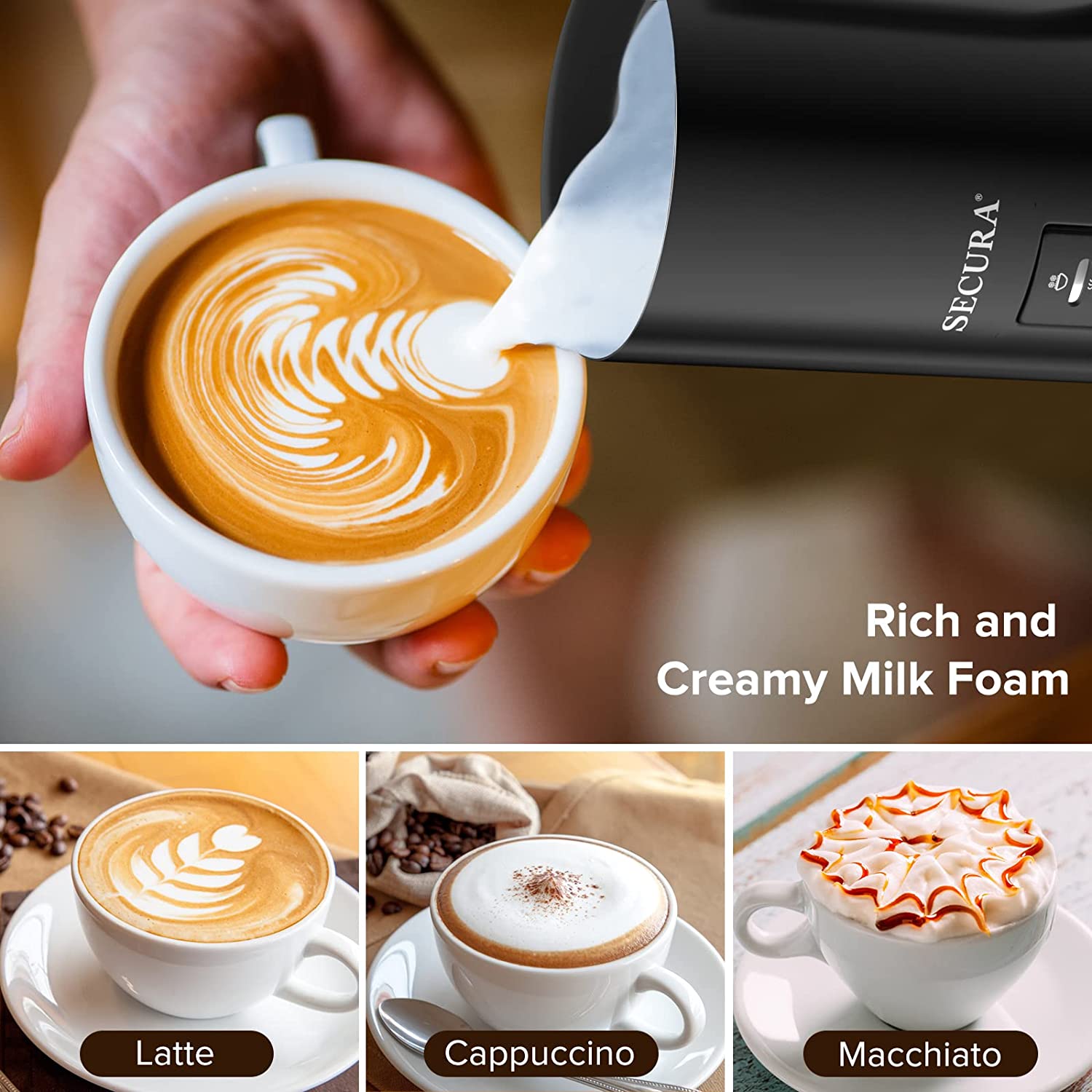 Espumador para café, espumador de leche, espumador automático de leche  caliente y fría 4 en 1, vaporizador de leche de acero inoxidable para  latte