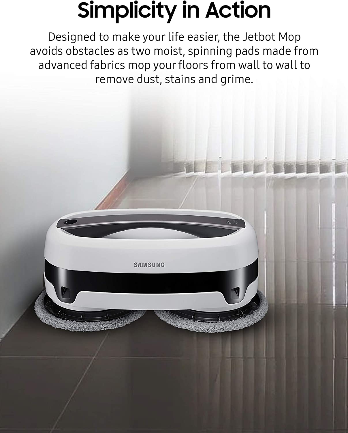 Robot que limpia con almohadillas de microfibra de doble giro, sensor inteligente para trapeado húmedo, perfecto para azulejos, vinilo, laminado y madera VR20T6001MW Samsung