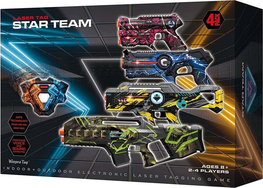 Juego de 4 etiquetas Lazer con pistola y chaleco
