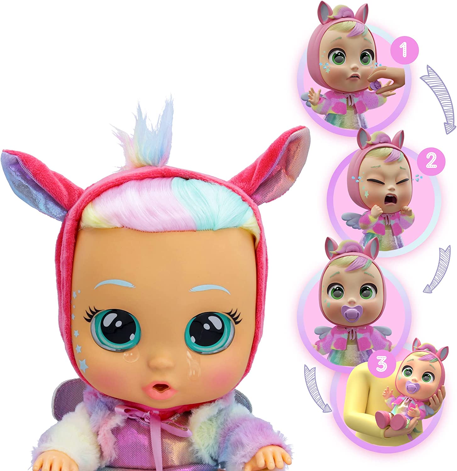 Muñeca de bebé Hannah vestido de arcoíris metálico con chaqueta temática de Unicornio Cry Babies