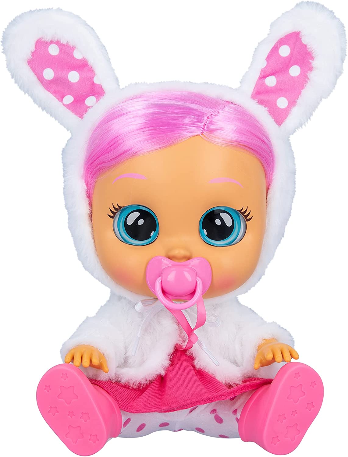 Muñeca de bebé Coney vestido rosa, chaqueta esponjosa blanca con temática de conejito Cry Babies