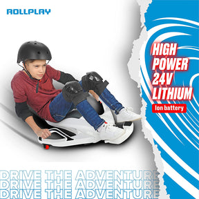 Auto eléctrico de alta potencia, con manillar lateral para dirección y una velocidad máxima de 6.5 MPH