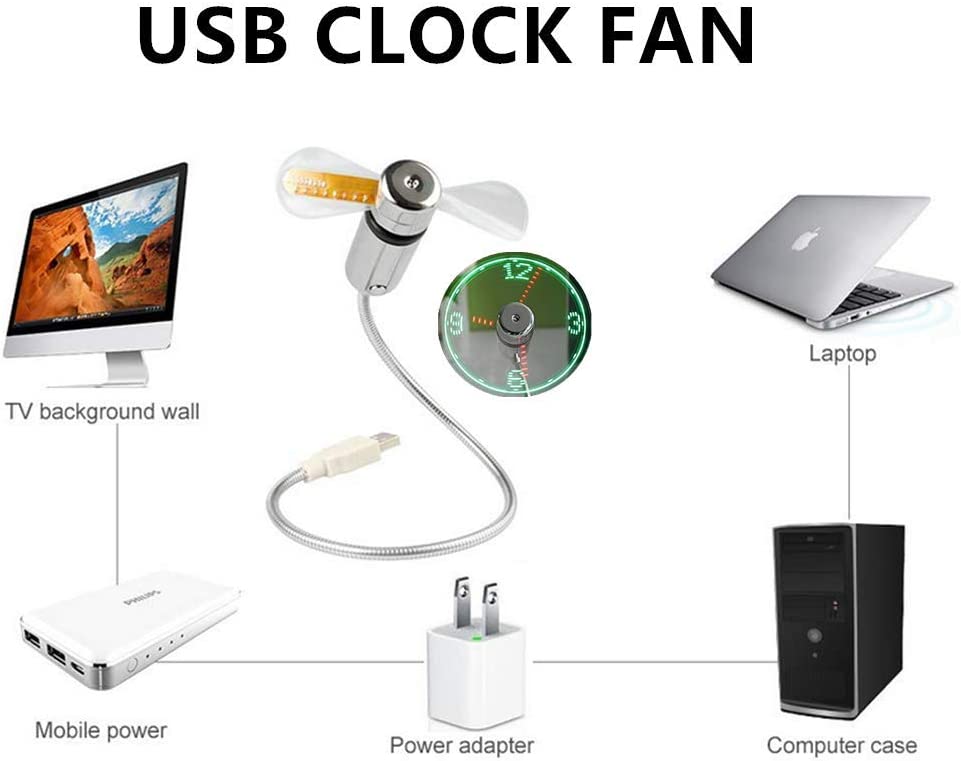 Ventilador con reloj de LED USB con indicador de tiempo real, VENTILADOR RELOJ USB, color plateado Onxe