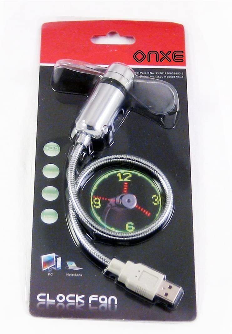 Ventilador con reloj de LED USB con indicador de tiempo real, VENTILADOR RELOJ USB, color plateado Onxe
