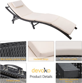 Juego de reposeras para exteriores, respaldo ajustable, 3 piezas, acolchado, con mesa plegable Devoko