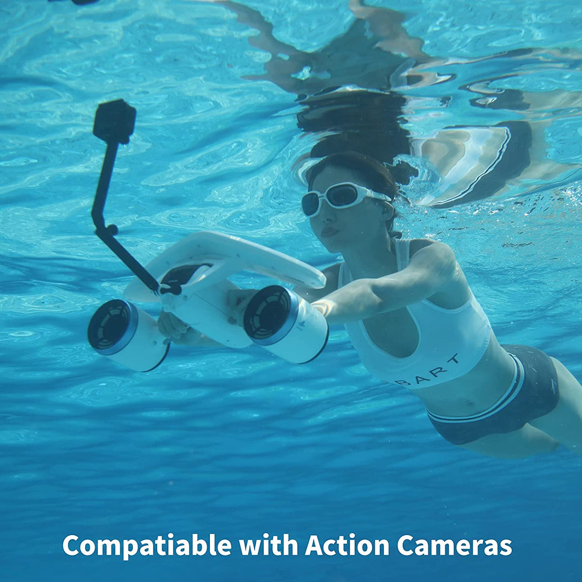 Patinete sub acuático doble hélices con soporte para cámara para buceo